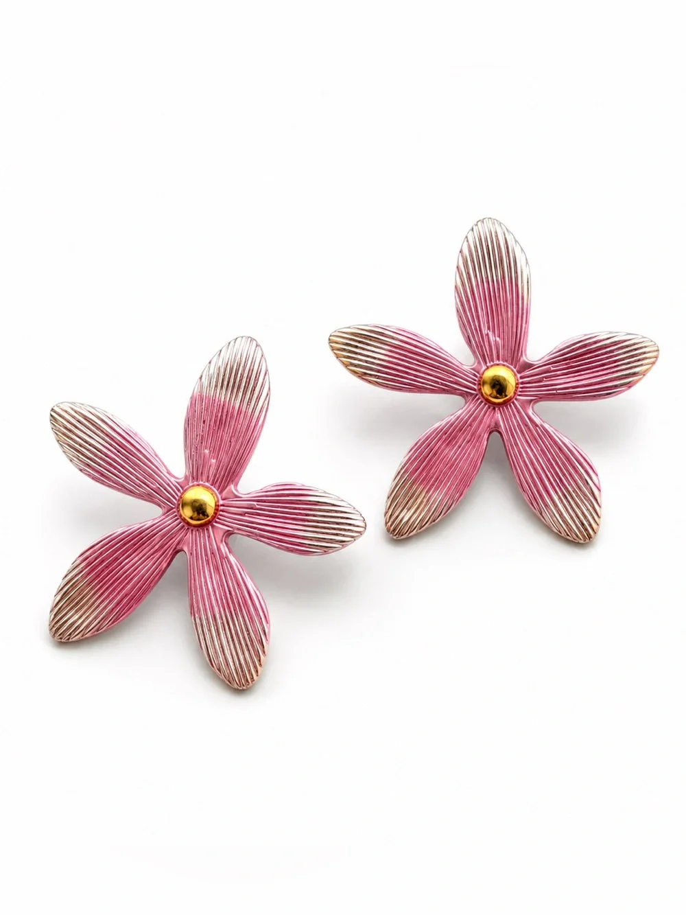 Pink Flower Blossom Earrings with Gold Accent